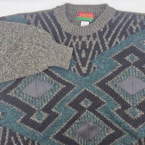 Oakton Limited Mens Med Acrylic Wool Aztec Diamond Leather Trim Sweater Italy